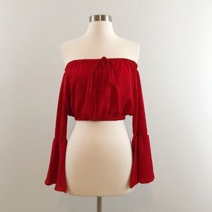 Red Off the Shoulder Top with Bell Bottom Sleeves